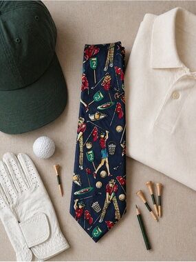Silk Golf Tie Novelty Print Vintage Style Men Blue Golfcore Preppy Old Money